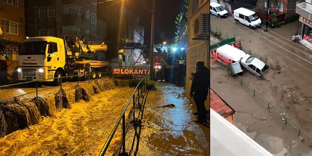 Sağanak ile gelen taşkın araçları sürükledi
