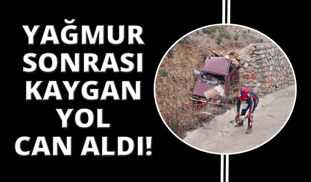 Kayganlaşan yolda otomobil istinat duvarına çarptı