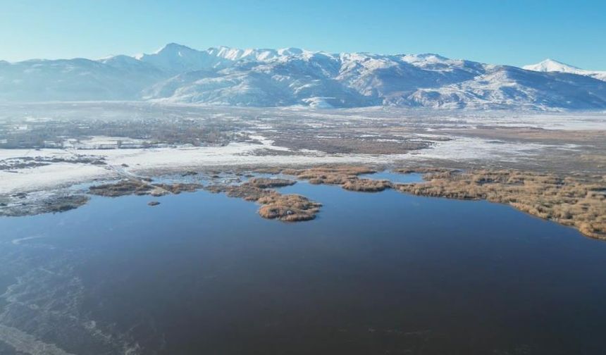 Eber Gölü soğuk hava nedeniyle dondu
